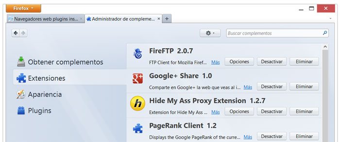 Ventana de información y configuración de las extensiones o addons instalados en el navegador Firefox