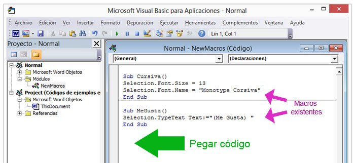 Pegar los códigos en el editor de Visual Basic para crear macros