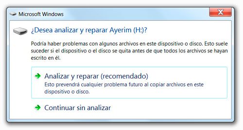 Mensaje de Windows al detectarse error en el sistema de archivos