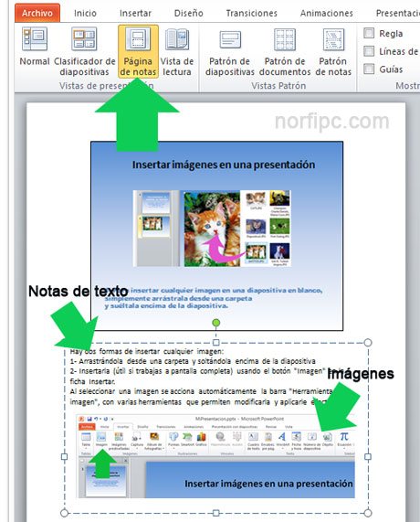 Insertar notas de texto e imágenes en una presentación de PowerPoint