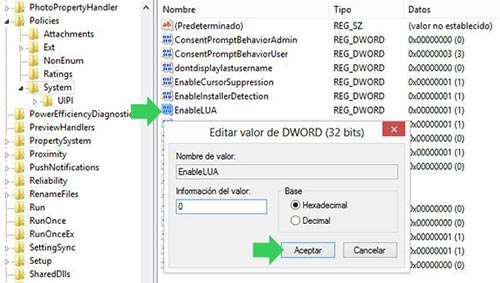 Desactivar el control de cuentas de usuario en el Registro de Windows