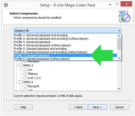 Configuración estándar del paquete de codecs K-Lite Codec Pack