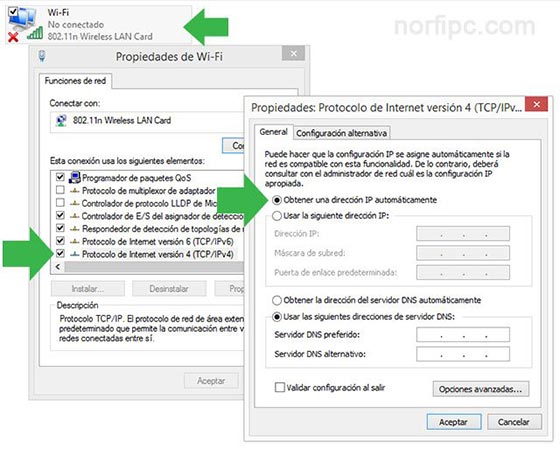 Habilitar DHCP en las Propiedades de la conexión Wi-Fi en Windows