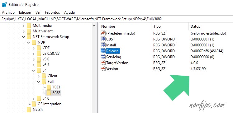 Encontrar en el Registro de Windows las versiones de NET Framework instaladas.