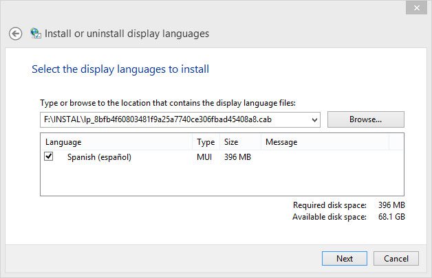 Seleccionar el paquete del idioma español a instalar en Windows