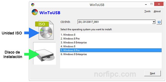 Escoger los archivos de instalación en WinToUSB