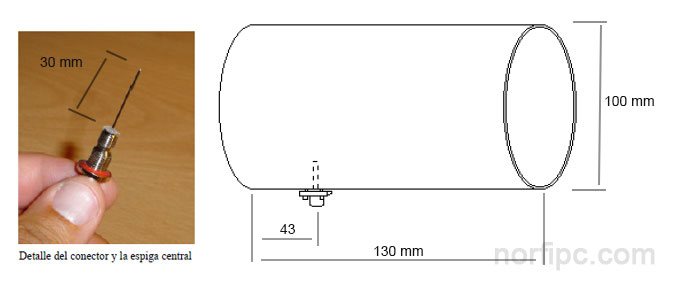 Medidas y dimensiones del tubo o lata de la antena de tubo para Wi-Fi y de la espiga del conector