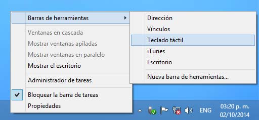 Activar el Teclado táctil en la barra de tareas de Windows