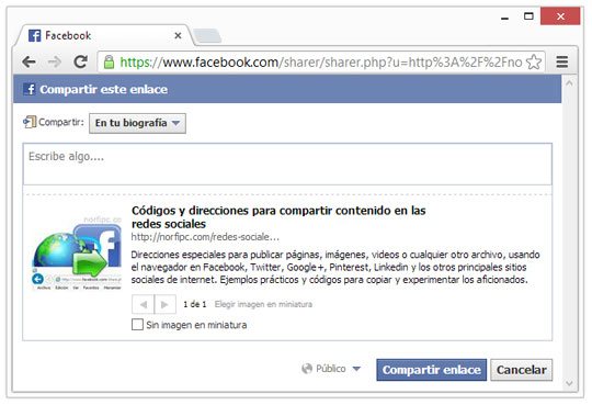 Código y dirección para compartir una página web en Facebook