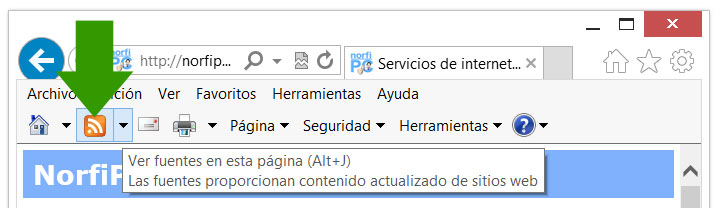 Icono en la barra de comandos de Internet Explorer que indica el feed de noticias del sitio web