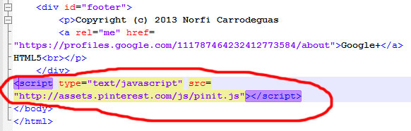 Insertar código Javascript al final de la página para cargar el archivo JS desde Pinterest