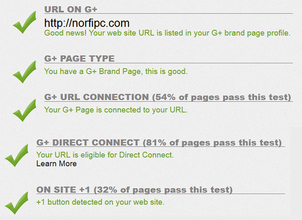 Resultado de la prueba de una página de Google+ con la herramienta Google+ Brand Audit