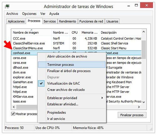Detener el proceso conhost en el Administrador de tareas de Windows