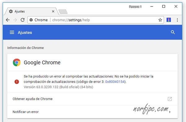 Ventana de información de Google Chrome de la versión instalada