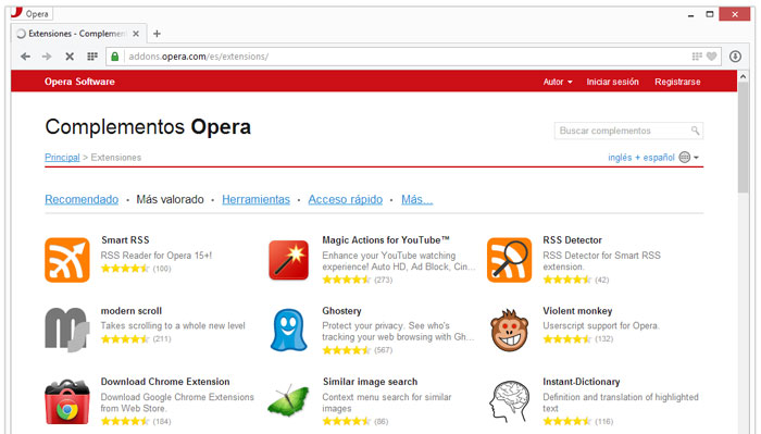 Página de extensiones o complementos del navegador Opera