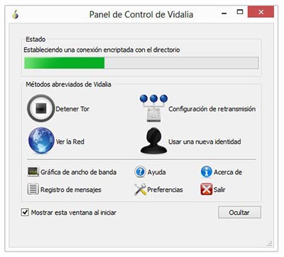 Panel de control de Vidalia conectando a la red Tor