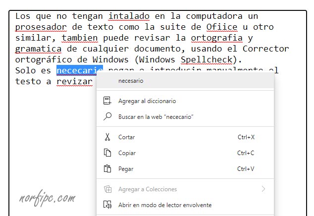 Revisión ortográfica en el navegador Microsoft Edge