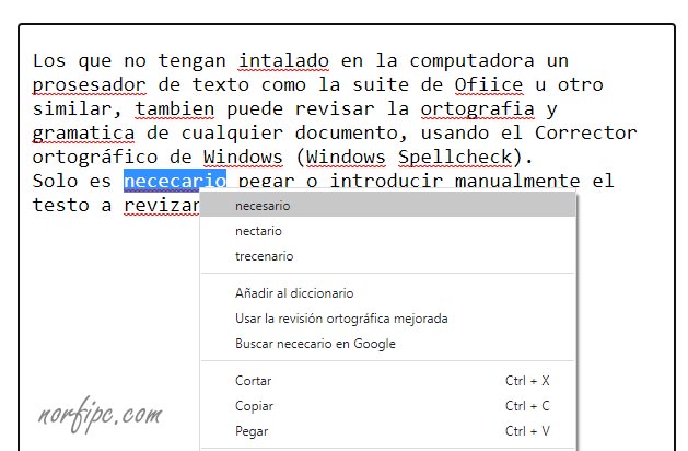 Revisión ortográfica en el navegador Google Chrome