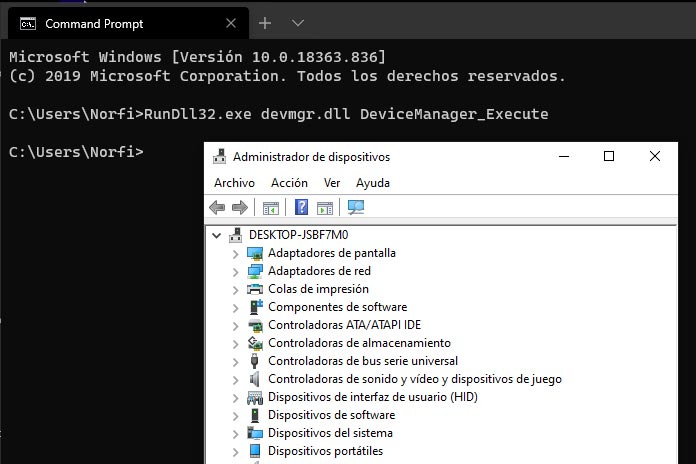 Abrir el Administrador de dispositivos desde la Terminal de Windows con el comando RunDll32
