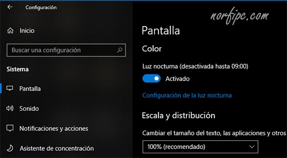 Activar el modo Luz nocturna en Windows 10