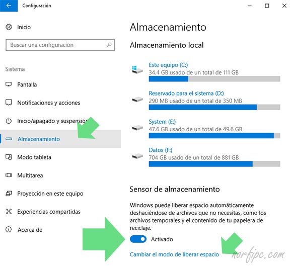Activar el Sensor de almacenamiento de Windows 10