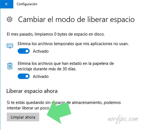 Cambiar el modo de liberar espacio en Windows 10