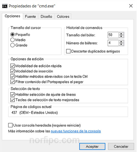 Panel de Configuración del Símbolo del sistema o Consola de CMD de Windows 10