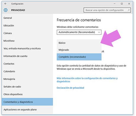 Configuración de privacidad en Windows 10