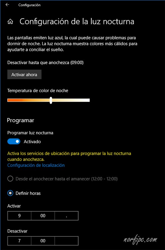 Configurar el modo Luz nocturna en Windows 10