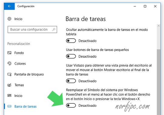 Desactivar la opción del acceso a PowerShell en el Inicio de Windows 10