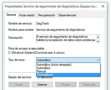 Deshabilitar servicios de seguimiento en Windows 10