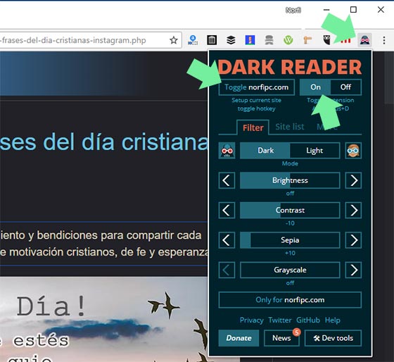 Usar la extensión Dark Reader en el navegador Google Chrome