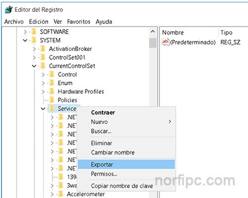 Guardar clave del Registro con la configuracion de los servicios en Windows 10