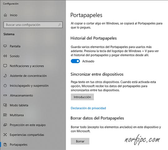 Habilitar el Portapapeles en la Configuración de Windows