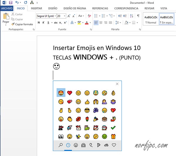 Insertar Emojis en Windows 10 en cualquier documento, usando el Panel de Emojis
