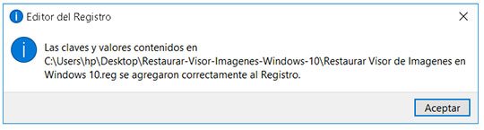 Mensaje de confirmación de una clave agregada al Registro correctamente en Windows 10
