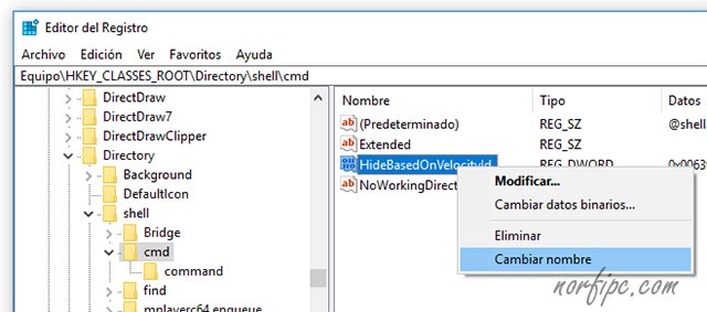 Modificar clave del Registro para activar acceso a la ventana de comandos en Windows 10