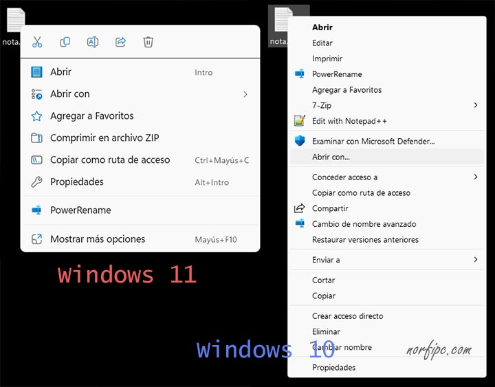 Comparación del menú contextual en Windows 11 y en Windows 10