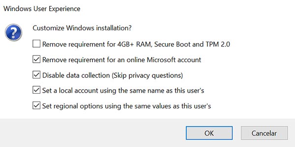 Opciones de Rufos para evadir las restricciones de Microsoft al instalar Windows
