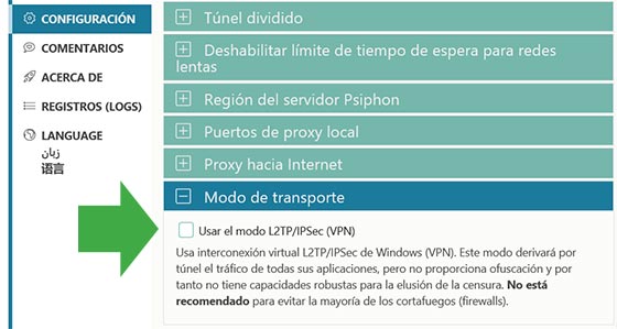 Activar el Modo VPN de Psiphon en Windows