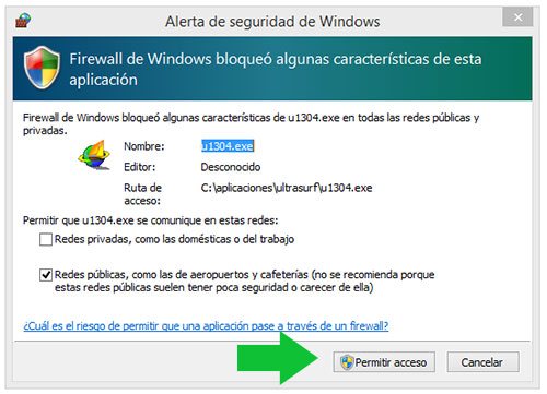 Alerta del Firewall de Windows al usar UltraSurf por primera vez