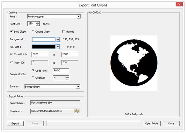Herramienta de BabelMap para exportar todos los glifos de una fuente en formato grafico