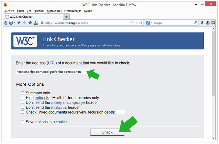 Panel de Link Checker, herramienta del W3C para buscar y encontrar enlaces rotos