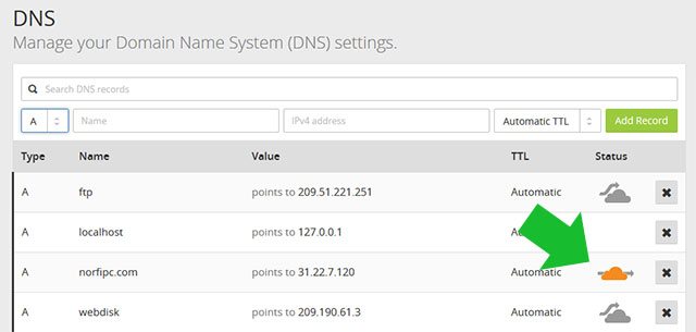 Panel de configuración de los DNS de CloudFlare para el sitio NorfiPC