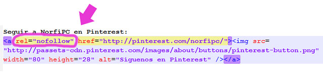 Un ejemplo del código del botón de seguir en Pinterest, al que se le ha agregado manualmente  el atributo rel nofollow