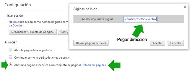 Configurar y establecer la página de inicio en el navegador Google Chrome