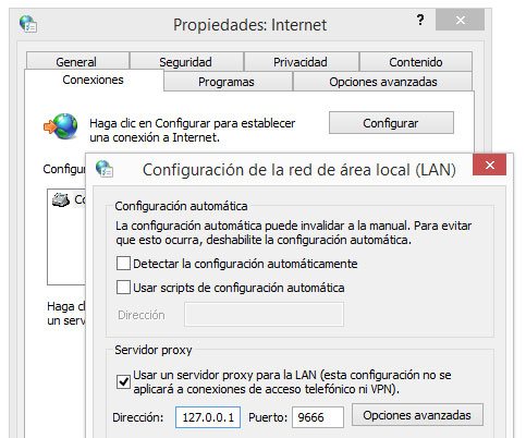 Configurar el proxy de Internet Explorer para navegar con UltraSurf
