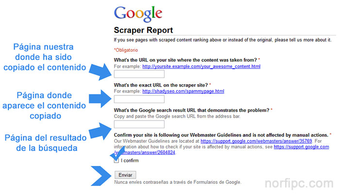 Informe para denunciar a Google sitios que copian lo que publicamos en internet