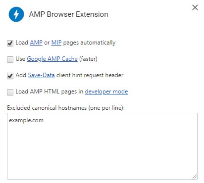 Panel de configuración de la extensión AMP Browser