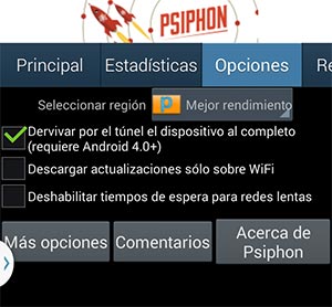 Panel de opciones de la aplicación Psiphon en Android